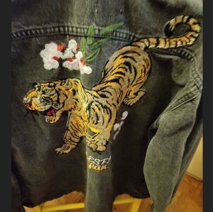 Ladies black denim jacket with embroidered tiger on the back Japanese